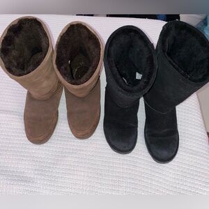 BEARPAW BOOTS 2 Pair BLACK & BROWN Suede Upper Mid-Calf Women’s Size 9 Warm Cozy